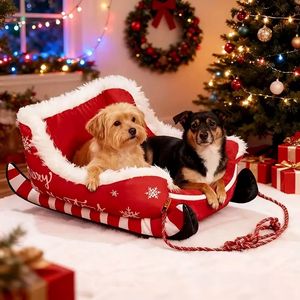 Canapé traîneau de Noël pour petit chien rouge et blanc avec bordure moelleuse
